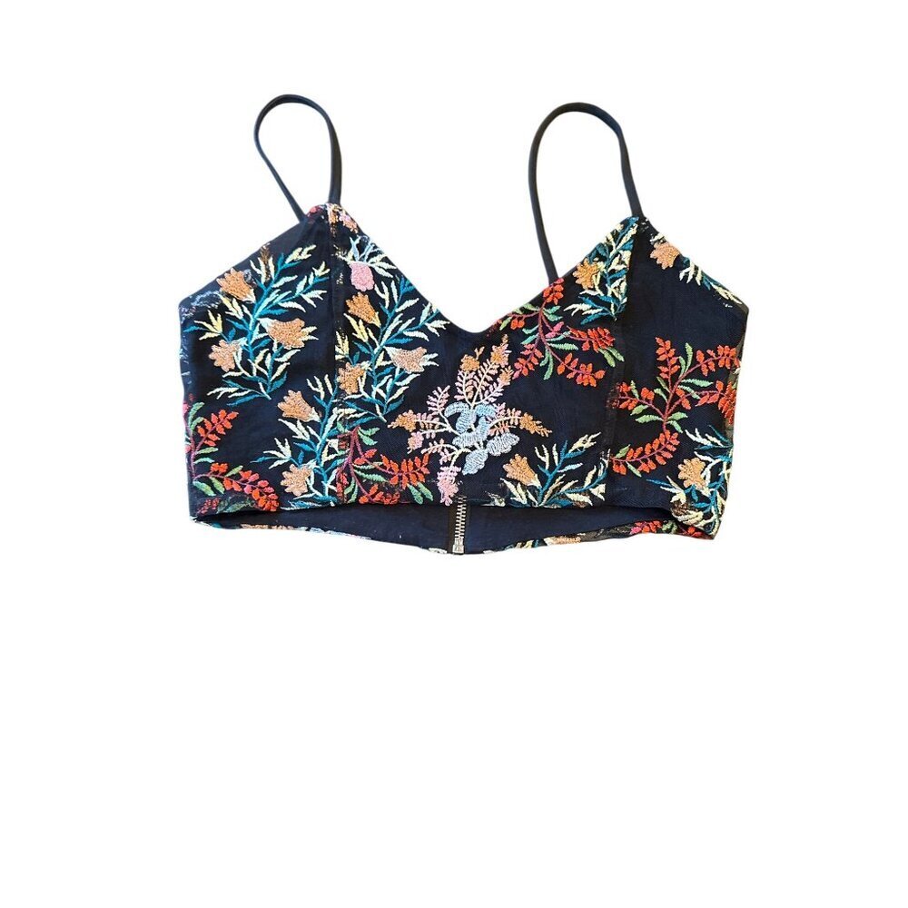 Black Floral Embroidered Crop Top With Zipper Closure &‎ Spaghetti Straps